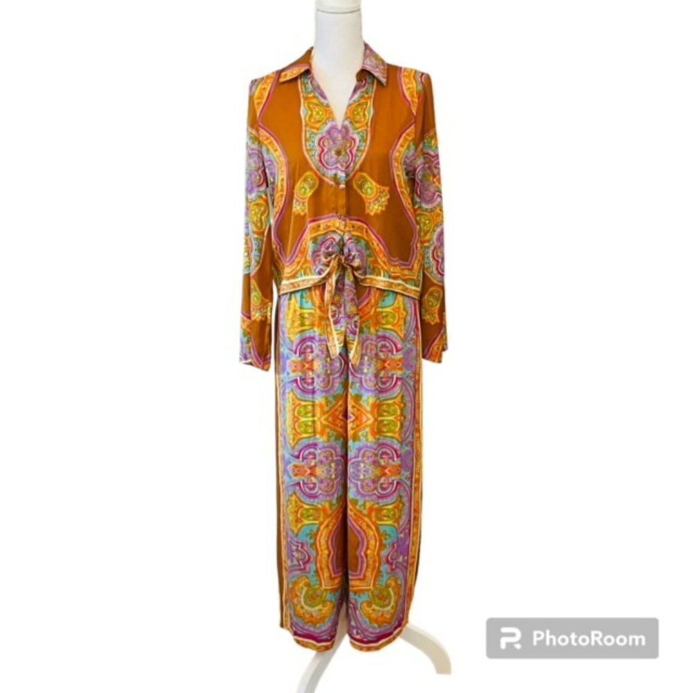 Rachel Zoe Multicolor Paisley Silk Pantsuit in Mustard, Purple & Pink